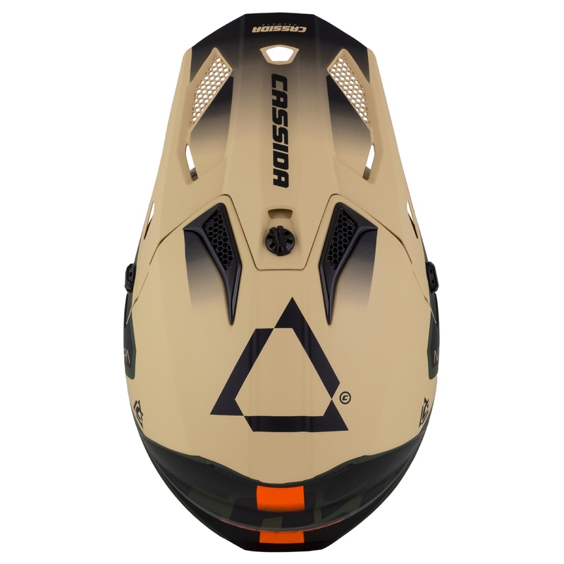 Vaikiškas motokroso motociklininko šalmas Cassida Cross Cup 2 Napa matinis smėlio-žalios-oranžinės-juodos spalvos