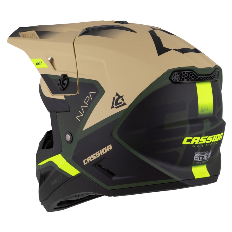 Vaikiškas motokroso motociklininko šalmas Cassida Cross Cup 2 Napa matinis smėlio-žalias-fluo geltonas-juodas