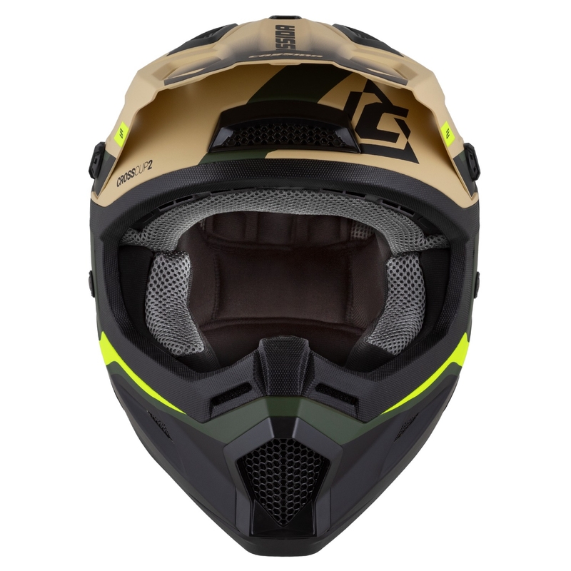 Vaikiškas motokroso motociklininko šalmas Cassida Cross Cup 2 Napa matinis smėlio-žalias-fluo geltonas-juodas