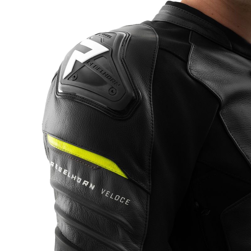 Rebelhorn Veloce juoda-pilka-fluo geltona odinė motociklo striukė