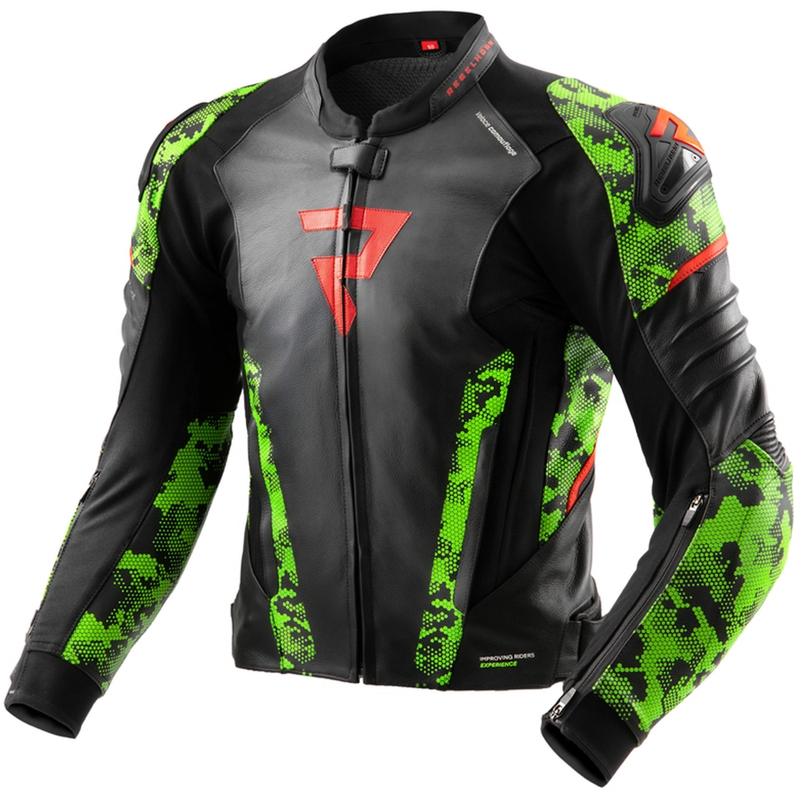 Rebelhorn Veloce juoda-kamo žalia-fluo raudona odinė motociklininko striukė