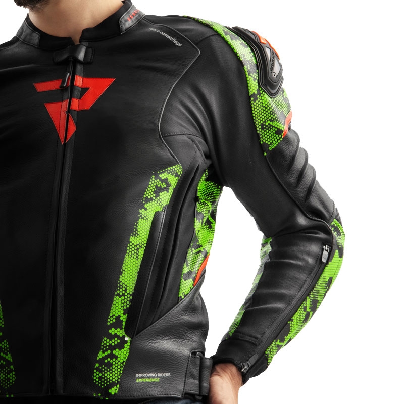 Rebelhorn Veloce juoda-kamo žalia-fluo raudona odinė motociklininko striukė