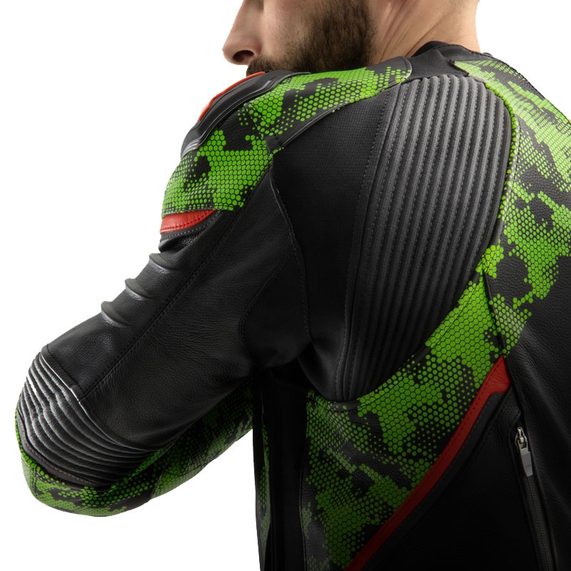 Rebelhorn Veloce juoda-kamo žalia-fluo raudona odinė motociklininko striukė