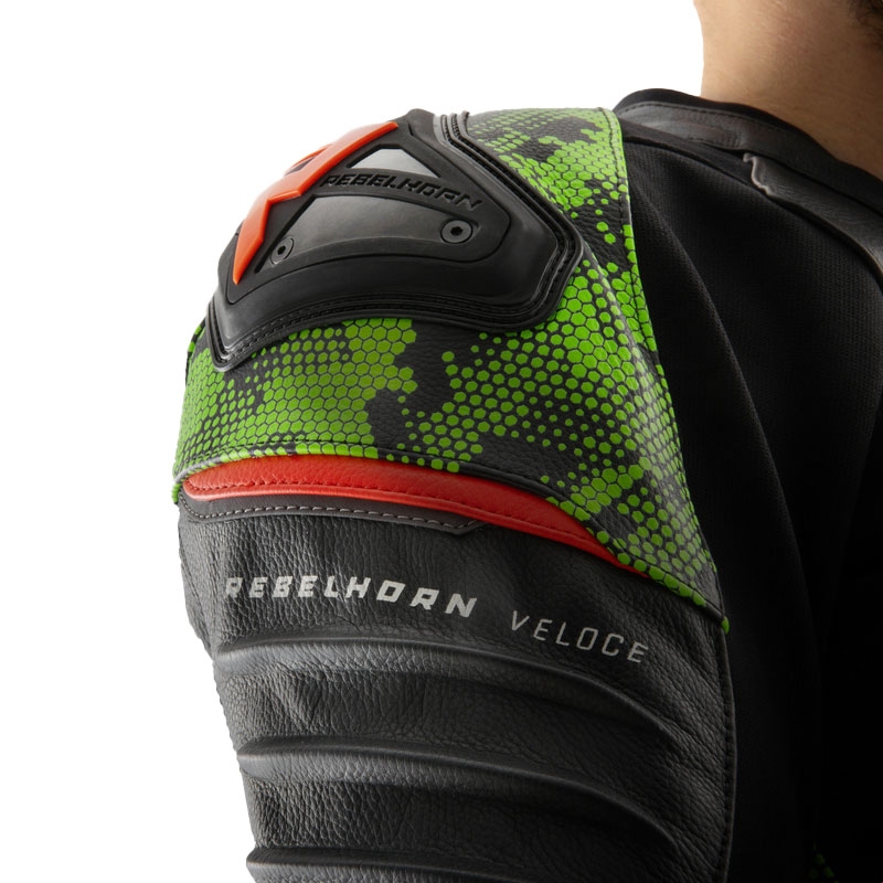 Rebelhorn Veloce juoda-kamo žalia-fluo raudona odinė motociklininko striukė