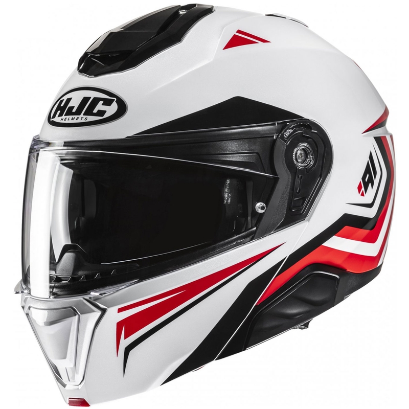 Atverčiamas motociklininko šalmas HJC i91 Tricus MC1 baltas-juodas-raudonas