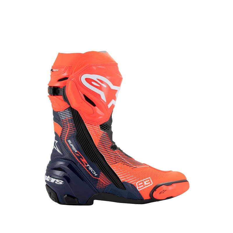 Alpinestars Supertech R Vented riboto leidimo MM93 Marc Marquez fluo raudonos-mėlynos-juodos spalvos motociklininko batai