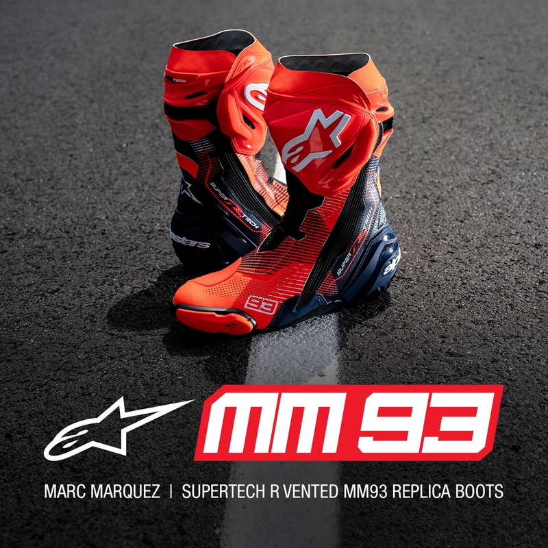 Alpinestars Supertech R Vented riboto leidimo MM93 Marc Marquez fluo raudonos-mėlynos-juodos spalvos motociklininko batai