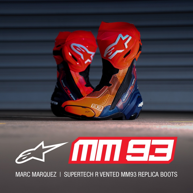 Alpinestars Supertech R Vented riboto leidimo MM93 Marc Marquez fluo raudonos-mėlynos-juodos spalvos motociklininko batai
