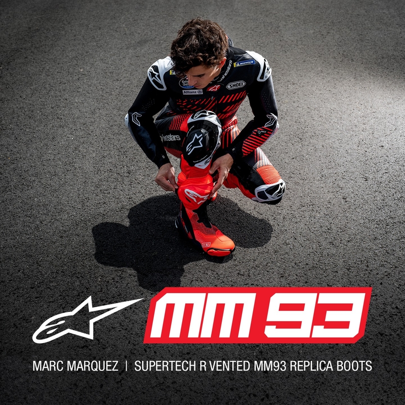 Alpinestars Supertech R Vented riboto leidimo MM93 Marc Marquez fluo raudonos-mėlynos-juodos spalvos motociklininko batai