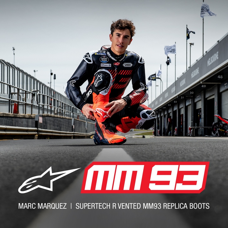 Alpinestars Supertech R Vented riboto leidimo MM93 Marc Marquez fluo raudonos-mėlynos-juodos spalvos motociklininko batai