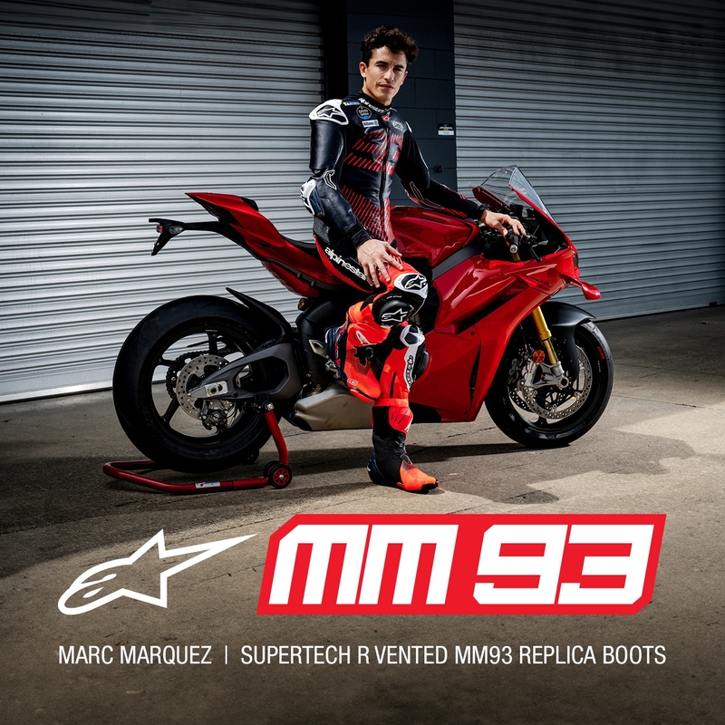 Alpinestars Supertech R Vented riboto leidimo MM93 Marc Marquez fluo raudonos-mėlynos-juodos spalvos motociklininko batai