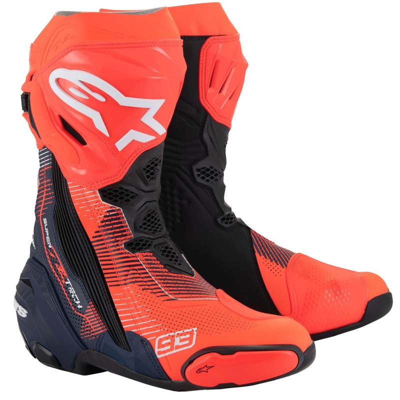 Alpinestars Supertech R Vented riboto leidimo MM93 Marc Marquez fluo raudonos-mėlynos-juodos spalvos motociklininko batai