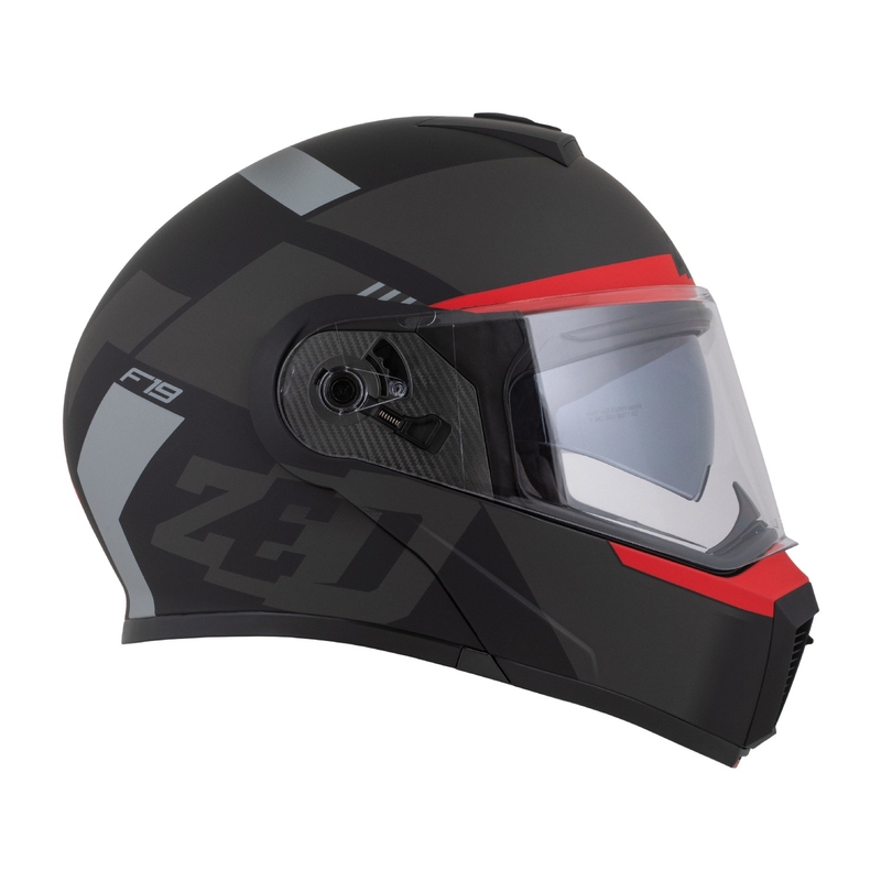 Apverčiamas motociklininko šalmas ZED F19 matinis juodas-fluo raudonai pilkas
