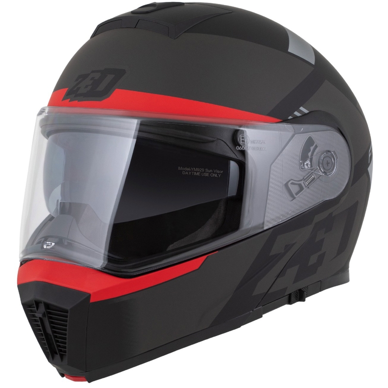 Apverčiamas motociklininko šalmas ZED F19 matinis juodas-fluo raudonai pilkas