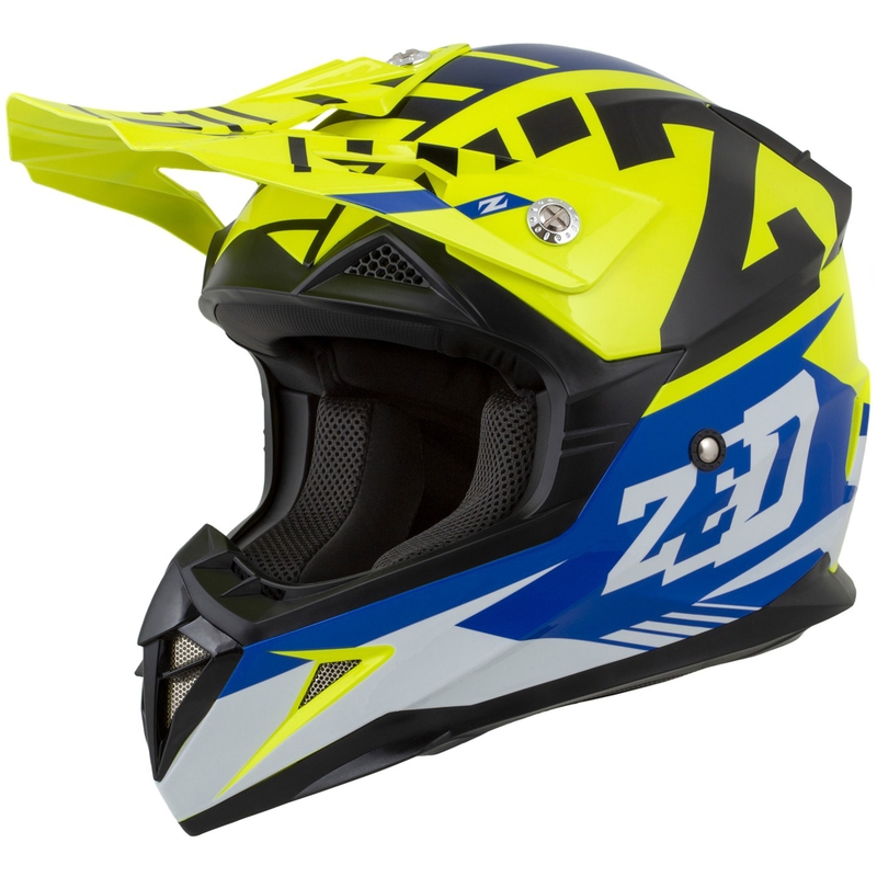 Vaikiškas motociklininko motociklininko šalmas ZED X1.9D Targa fluo yellow-blue-black-white