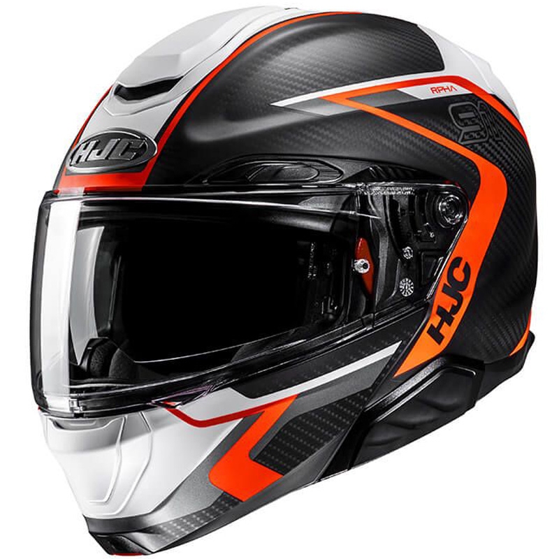 Sulankstomas motociklininko šalmas HJC RPHA 91 CARBON Lagos MC6HSF juodas-žalsvai oranžinis