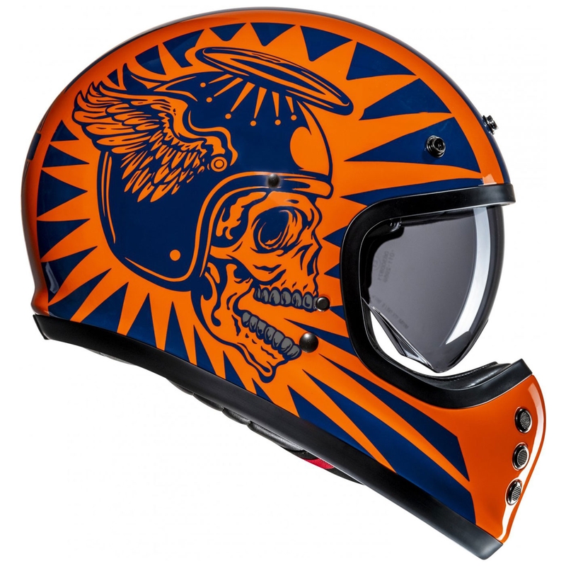 Integruotas motociklininko šalmas HJC V60 Flame MC27 oranžinės-mėlynos spalvos