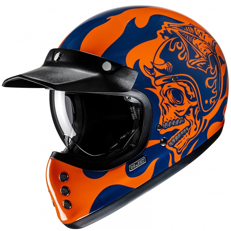 Integruotas motociklininko šalmas HJC V60 Flame MC27 oranžinės-mėlynos spalvos