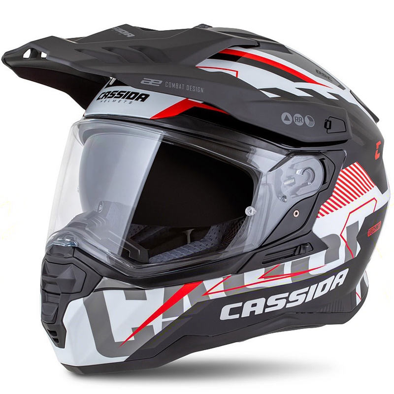 Enduro šalmas "Cassida Road Runner TechniX" baltas-juodas-raudonas-pilkas