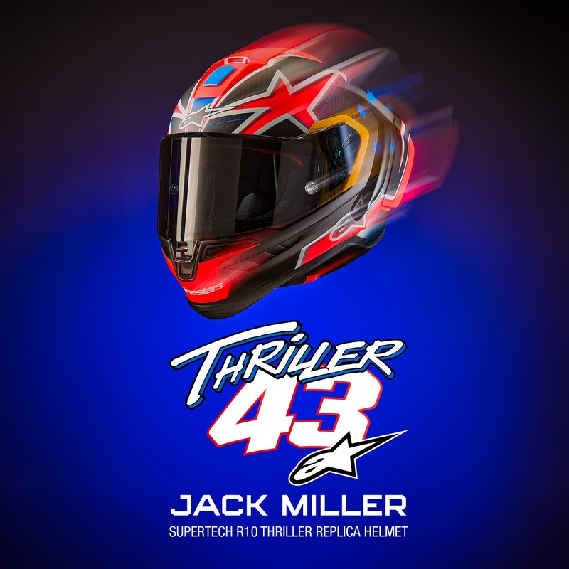 "Alpinestars Supertech R10" riboto leidimo "Jack Miller" matinio anglies raudonos-mėlynos-geltonos-baltos spalvos integralus motociklininko šalmas