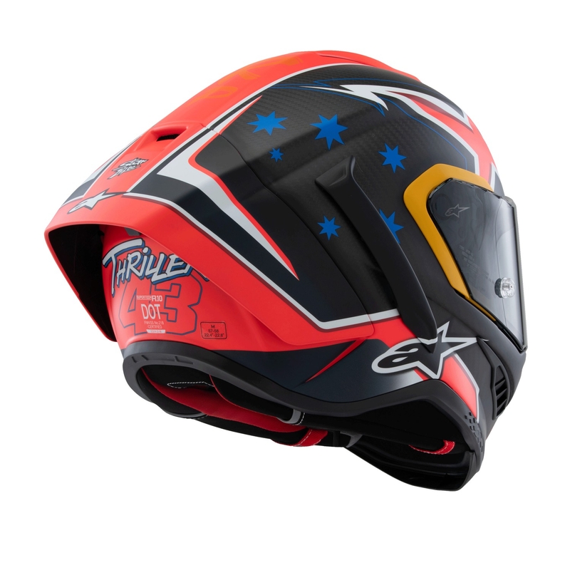 "Alpinestars Supertech R10" riboto leidimo "Jack Miller" matinio anglies raudonos-mėlynos-geltonos-baltos spalvos integralus motociklininko šalmas