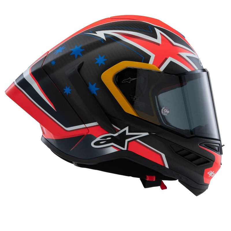 "Alpinestars Supertech R10" riboto leidimo "Jack Miller" matinio anglies raudonos-mėlynos-geltonos-baltos spalvos integralus motociklininko šalmas