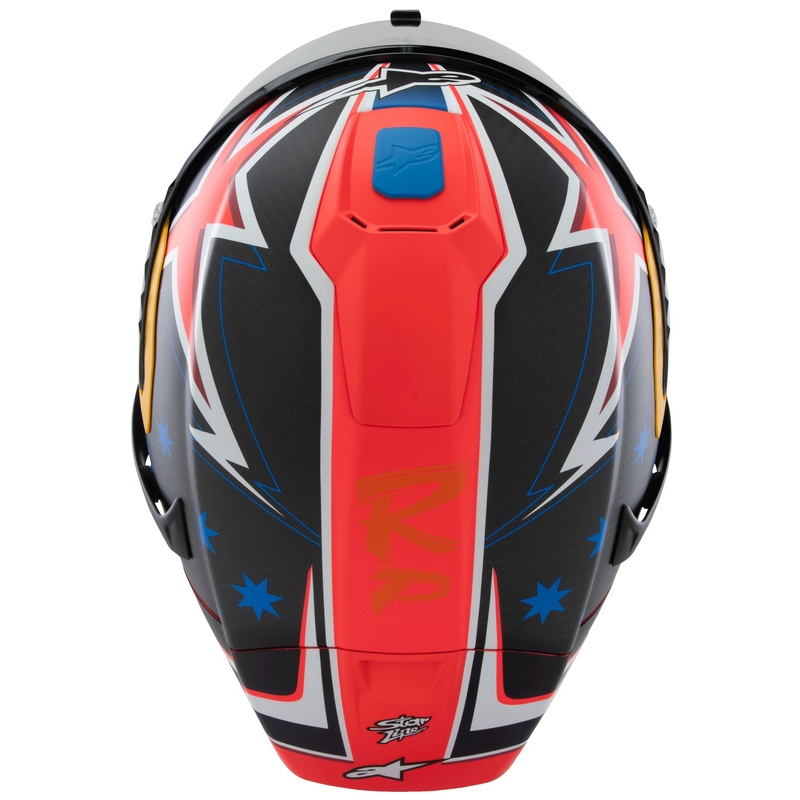 "Alpinestars Supertech R10" riboto leidimo "Jack Miller" matinio anglies raudonos-mėlynos-geltonos-baltos spalvos integralus motociklininko šalmas