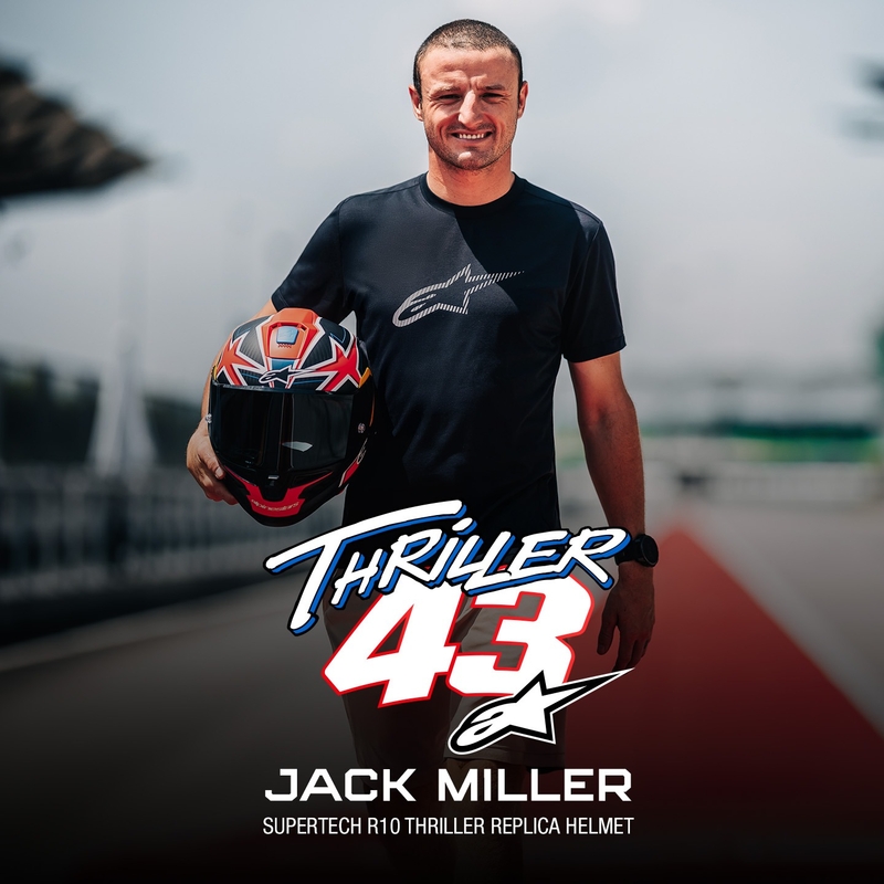 "Alpinestars Supertech R10" riboto leidimo "Jack Miller" matinio anglies raudonos-mėlynos-geltonos-baltos spalvos integralus motociklininko šalmas