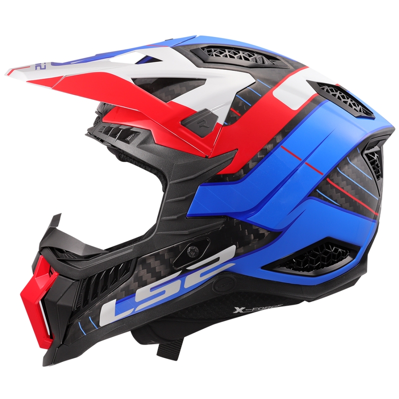 Motokroso šalmas LS2 MX703 X-Force Galuo baltai-raudonai-mėlynas
