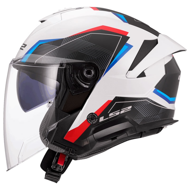 Atviras motociklininko šalmas LS2 OF618 Verso II Air balta-mėlyna-raudona