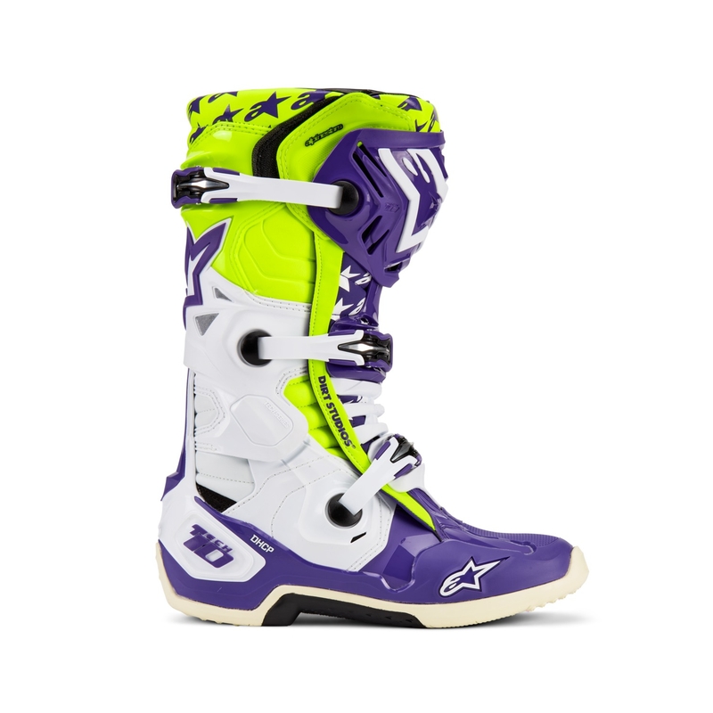 Alpinestars TECH 10 riboto leidimo Dirt Studios violetinės-baltos-fluo geltonos spalvos motociklininko batai