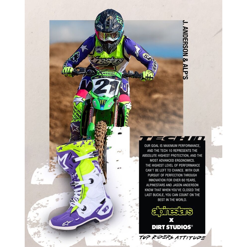 Alpinestars TECH 10 riboto leidimo Dirt Studios violetinės-baltos-fluo geltonos spalvos motociklininko batai