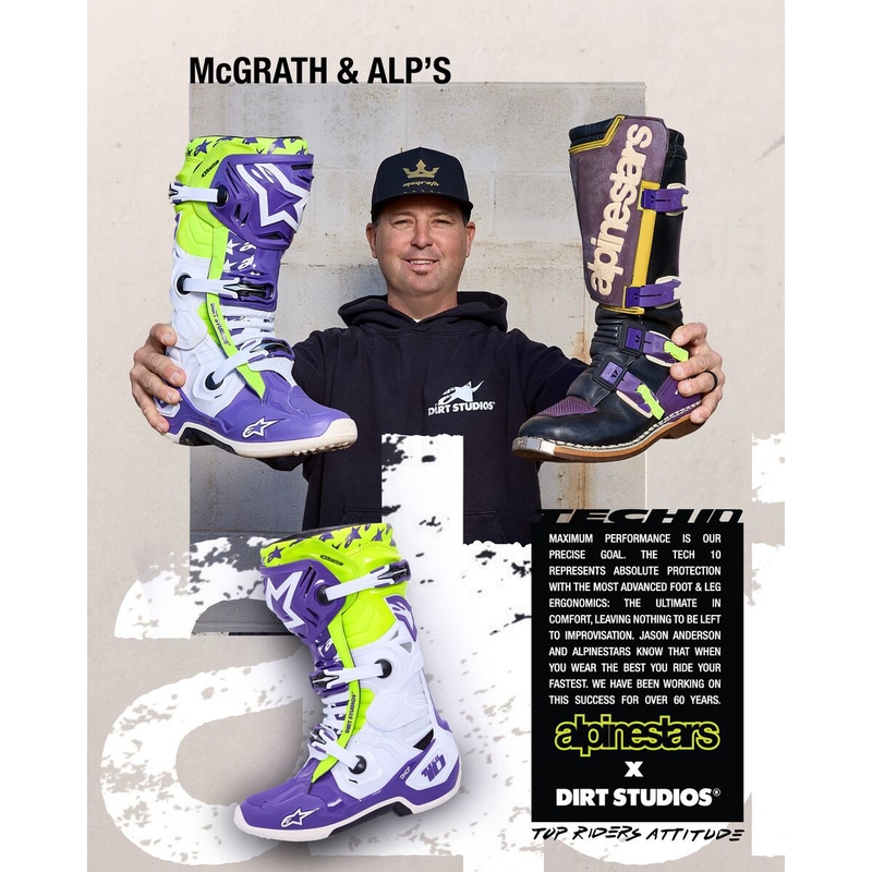 Alpinestars TECH 10 riboto leidimo Dirt Studios violetinės-baltos-fluo geltonos spalvos motociklininko batai