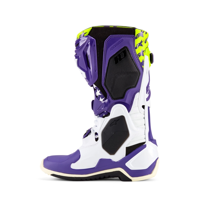 Alpinestars TECH 10 riboto leidimo Dirt Studios violetinės-baltos-fluo geltonos spalvos motociklininko batai