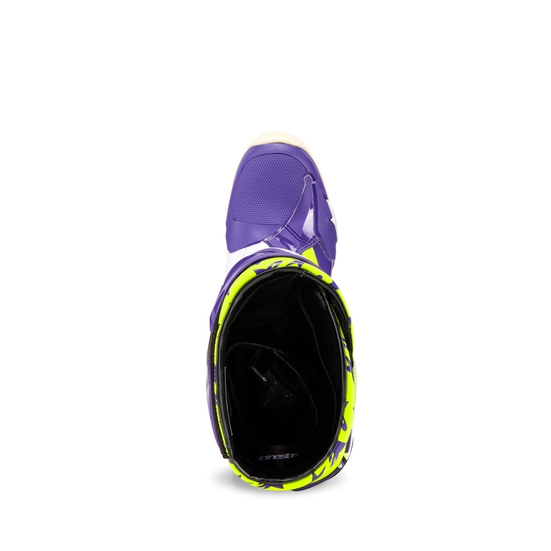 Alpinestars TECH 10 riboto leidimo Dirt Studios violetinės-baltos-fluo geltonos spalvos motociklininko batai