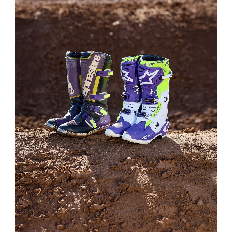 Alpinestars TECH 10 riboto leidimo Dirt Studios violetinės-baltos-fluo geltonos spalvos motociklininko batai
