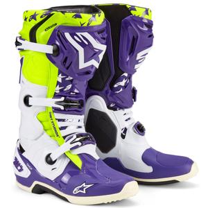 Alpinestars TECH 10 riboto leidimo Dirt Studios violetinės-baltos-fluo geltonos spalvos motociklininko batai