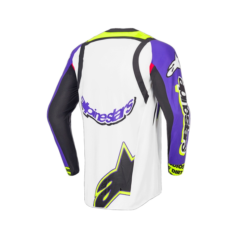 Alpinestars Supertech SX riboto leidimo "Dirt Studios" baltai-violetiniai-rožiniai-fluo geltoni motokroso marškinėliai