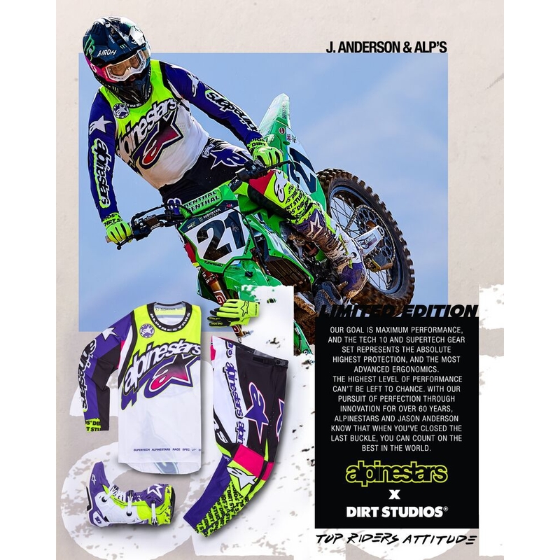 Alpinestars Supertech SX riboto leidimo "Dirt Studios" baltai-violetiniai-rožiniai-fluo geltoni motokroso marškinėliai
