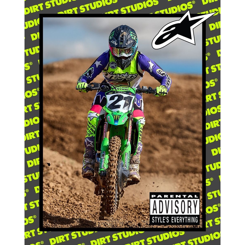 Alpinestars Supertech SX riboto leidimo "Dirt Studios" baltai-violetiniai-rožiniai-fluo geltoni motokroso marškinėliai