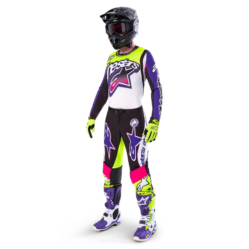Alpinestars Supertech SX riboto leidimo "Dirt Studios" baltai-violetiniai-rožiniai-fluo geltoni motokroso marškinėliai