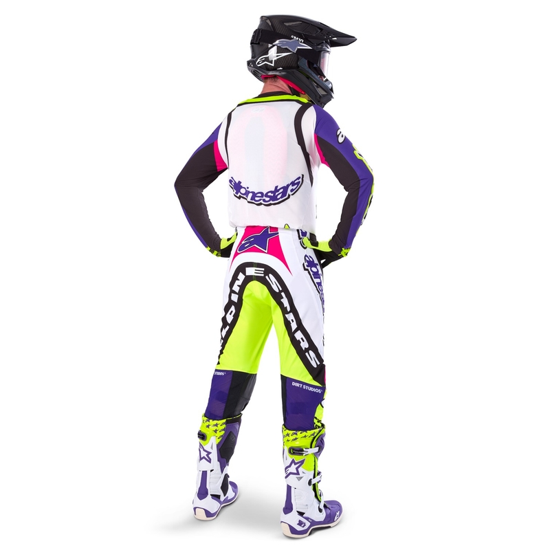 Alpinestars Supertech SX riboto leidimo "Dirt Studios" baltai-violetiniai-rožiniai-fluo geltoni motokroso marškinėliai