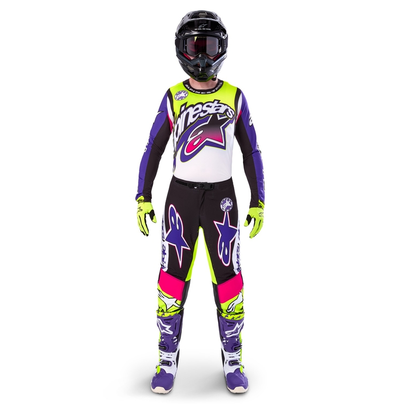 Alpinestars Supertech SX riboto leidimo "Dirt Studios" baltai-violetiniai-rožiniai-fluo geltoni motokroso marškinėliai