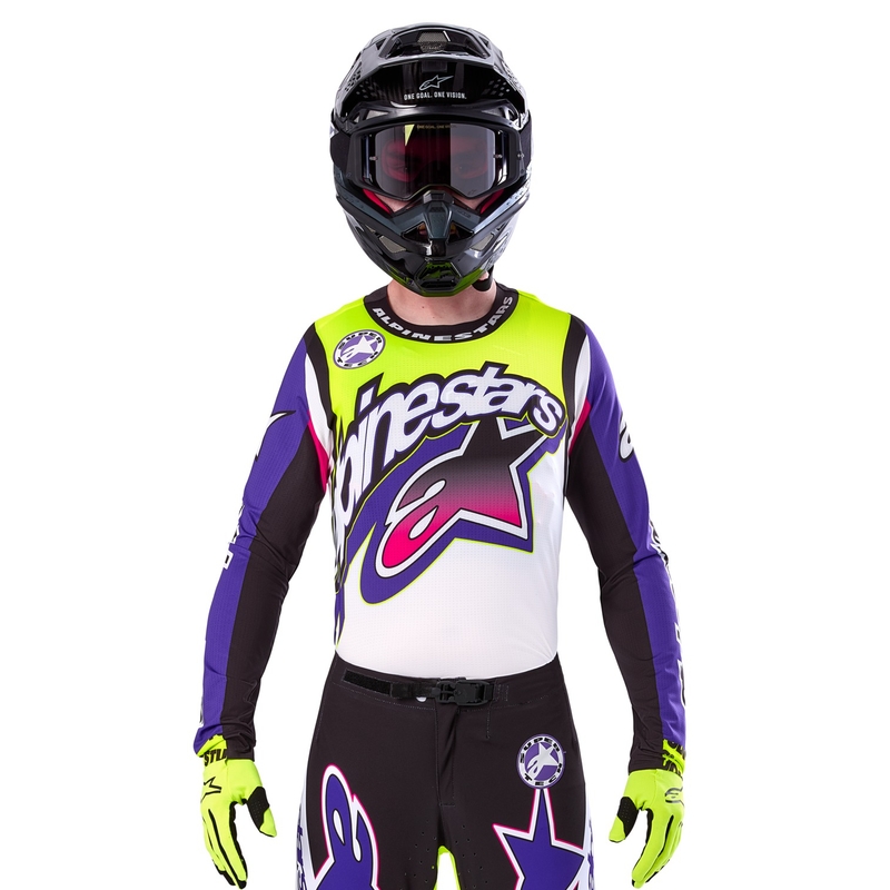 Alpinestars Supertech SX riboto leidimo "Dirt Studios" baltai-violetiniai-rožiniai-fluo geltoni motokroso marškinėliai