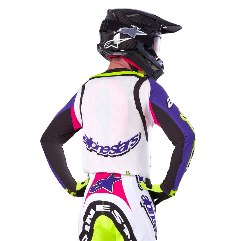 Alpinestars Supertech SX riboto leidimo "Dirt Studios" baltai-violetiniai-rožiniai-fluo geltoni motokroso marškinėliai