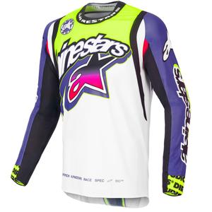 Alpinestars Supertech SX riboto leidimo "Dirt Studios" baltai-violetiniai-rožiniai-fluo geltoni motokroso marškinėliai