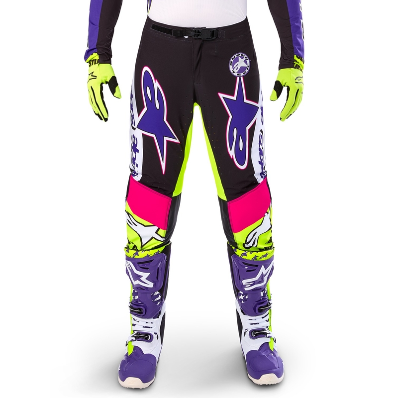 Alpinestars Supertech Limited Edition Dirt Studios Motokroso kelnės balta-violetinė-rožinė-fluo geltona