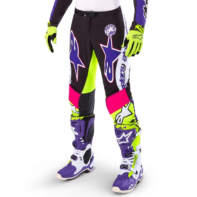 Alpinestars Supertech Limited Edition Dirt Studios Motokroso kelnės balta-violetinė-rožinė-fluo geltona