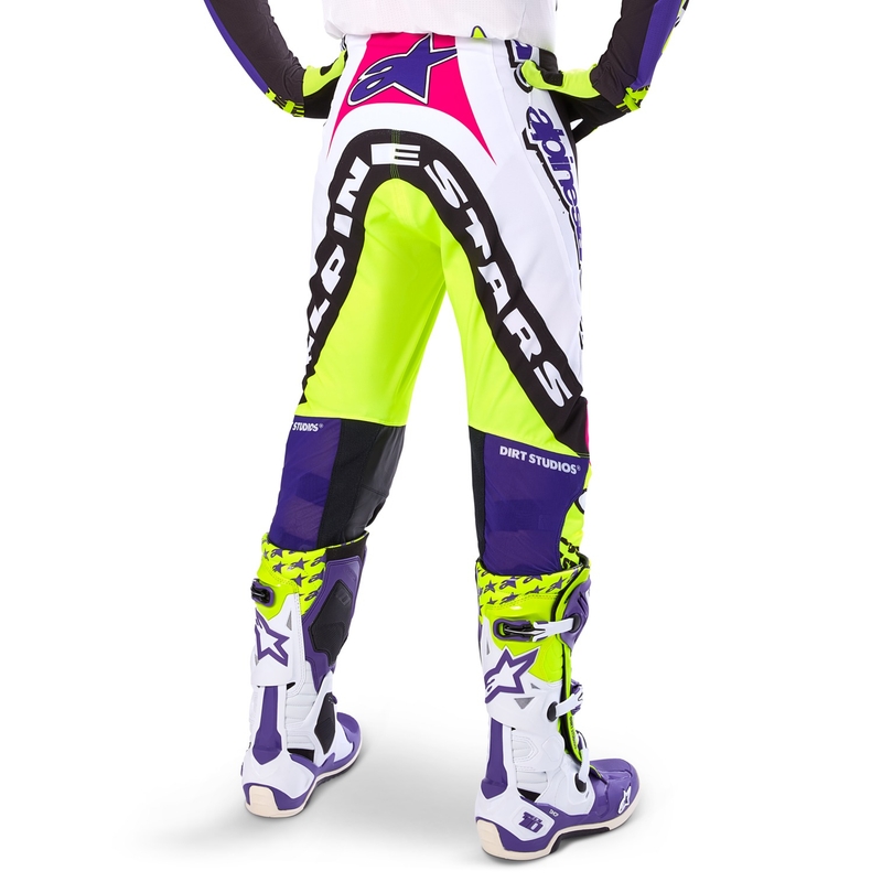 Alpinestars Supertech Limited Edition Dirt Studios Motokroso kelnės balta-violetinė-rožinė-fluo geltona