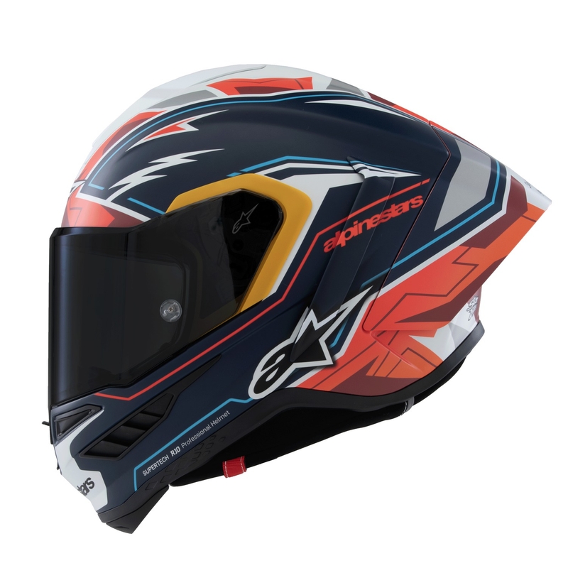 "Alpinestars Supertech R-10" riboto leidimo Pedro Acosta matinės mėlynos-raudonos-baltos spalvos integralus motociklininko šalmas